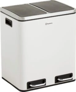 Homra BLINQ Afvalscheiding Prullenbak Met 2 Vakken - 2 X 15 L Inhoud - Duo Pedaalemmer Wit - Afvalemmer 30 Liter - Recycle Afvalbak - Witte Afvalscheidingsprullenbak - Hygiënisch Afval Scheiden - Keuken Vuilbak - Kantoor