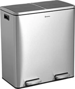 Afvalscheidingsprullenbak 2 Vakken – 60 L (2x30 Liter) Pedaalemmer Homra QUICKX – Design Duo Afvalemmer RVS - Afval Scheiden - Recycle Afvalbak - Hygiënisch Pedaal - Dubbele Vuilnisbak - Keuken Vuilbak - Kantoor Prullenbak