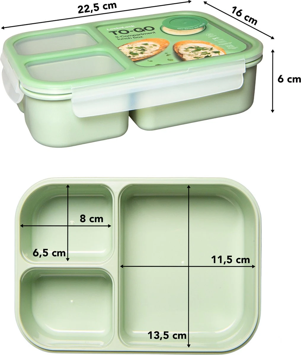Lock&Lock Lunchbox - Bento Box - Salade Lunchbox - Met 3 Compartimenten - Met Dressing/Saus Bakje - Volwassenen En Kinderen - To Go - Lekvrij - BPA Vrij - 980 Ml - Groen 7 Lock&Lock Lunchbox - Bento Box - Salade Lunchbox - Met 3 Compartimenten - Met Dressing/Saus Bakje - Volwassenen En Kinderen - To Go - Lekvrij - BPA Vrij - 980 Ml - Groen - Afbeelding 5