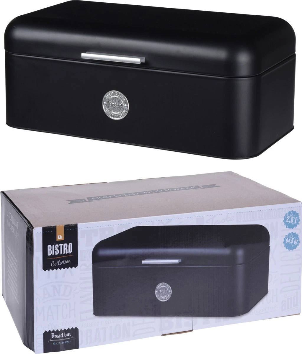 Excellent Houseware - Broodtrommel - Met Klepdeksel - Zwart - Metaal - Glans - Luchtgaten - Chique - Modern 4 Excellent Houseware - Broodtrommel - Met Klepdeksel - Zwart - Metaal - Glans - Luchtgaten - Chique - Modern - Afbeelding 2