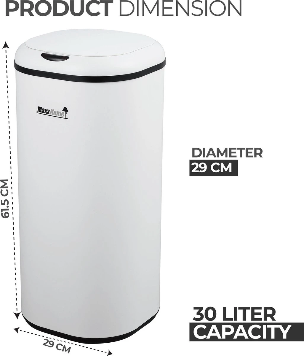 MaxxHome Prullenbak Met Sensor - 30L - Soft Close Deksel - RVS - Design Afvalemmer - Hygiënisch - Vingerafdruk Bestendig - Vuilnisbak Met Elektrische Deksel - Sensor Prullenbak - 30 Liter Vuilbak - 29 X 29 X 61,5 10 MaxxHome Prullenbak Met Sensor - 30L - Soft Close Deksel - RVS - Design Afvalemmer - Hygiënisch - Vingerafdruk Bestendig - Vuilnisbak Met Elektrische Deksel - Sensor Prullenbak - 30 Liter Vuilbak - 29 X 29 X 61,5 - Afbeelding 8