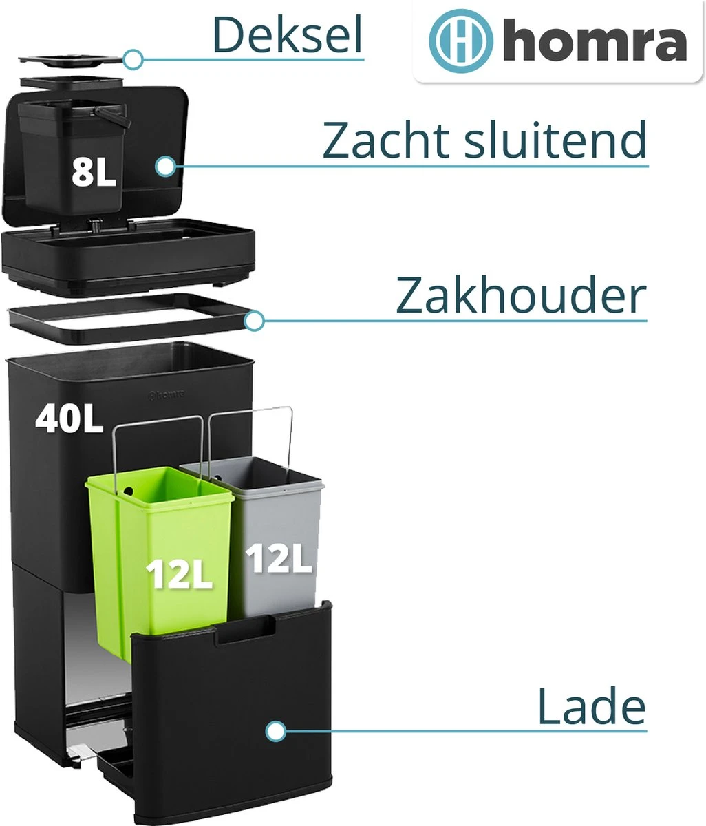 Homra Nexo Afvalscheiding Sensor Prullenbak Zwart 72 Liter - 3 Vakken - 2x12L+48L - Infrarood Sensor - Design Trio Afvalemmer - Afvalscheidingsprullenbak - Keuken Afvalemmer - Recycle Afvalbak - Hygiënisch - Kantoor Vuilbak - Elektrisch - Vuilnisbak 8 Homra Nexo Afvalscheiding Sensor Prullenbak Zwart 72 Liter - 3 Vakken - 2x12L+48L - Infrarood Sensor - Design Trio Afvalemmer - Afvalscheidingsprullenbak - Keuken Afvalemmer - Recycle Afvalbak - Hygiënisch - Kantoor Vuilbak - Elektrisch - Vuilnisbak - Afbeelding 6