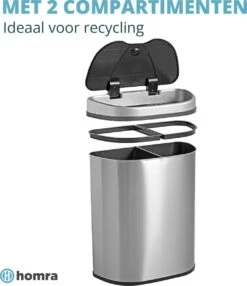 Afvalscheiding Sensor Prullenbak RVS 70 Liter - 2 Vakken - 2x35L - Zilver - Recycle Afvalemmer Homra QUBIX - Automatische Softclose Deksel - Hygiënische Design Vuilnisbak - Sensorbediening - Vingerafdrukvrij - Vuilafstotend - Keuken & Kantoor Vuilbak -Mepal shop 1035x1200 1
