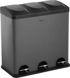 Homra MAXER Pedaalemmer – Prullenbak 3 Vakken – Grijze Afvalemmer 60 Liter (3x 20L) – Trio Prullenbak Grijs – RVS - 3-vaks Prullenbak Afvalscheiding – Afvalbak RVS – Hygiënisch Recyclen - Afval Scheiden - Pedaal Prullenbak Grijs