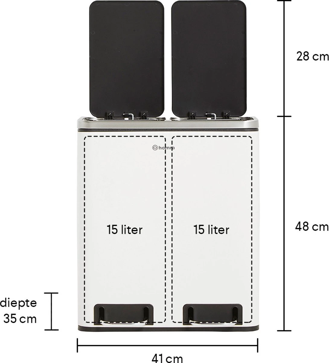 Homra BLINQ Afvalscheiding Prullenbak Met 2 Vakken - 2 X 15 L Inhoud - Duo Pedaalemmer Wit - Afvalemmer 30 Liter - Recycle Afvalbak - Witte Afvalscheidingsprullenbak - Hygiënisch Afval Scheiden - Keuken Vuilbak - Kantoor 5 Homra BLINQ Afvalscheiding Prullenbak Met 2 Vakken - 2 X 15 L Inhoud - Duo Pedaalemmer Wit - Afvalemmer 30 Liter - Recycle Afvalbak - Witte Afvalscheidingsprullenbak - Hygiënisch Afval Scheiden - Keuken Vuilbak - Kantoor - Afbeelding 3