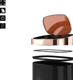 Stangvollby Nausta Sensor Prullenbak - 58 Liter - Zwart Met Roségouden Deksel - RVS - Soft Close - Vingerafdrukvrij - Zwarte Afvalbak Met Koperen Rand - Hygiënische Automatische Deksel - Keuken Afvalemmer - Kantoor Vuilbak 60 Liter - Elektrisch -Mepal shop 1091x1200 3