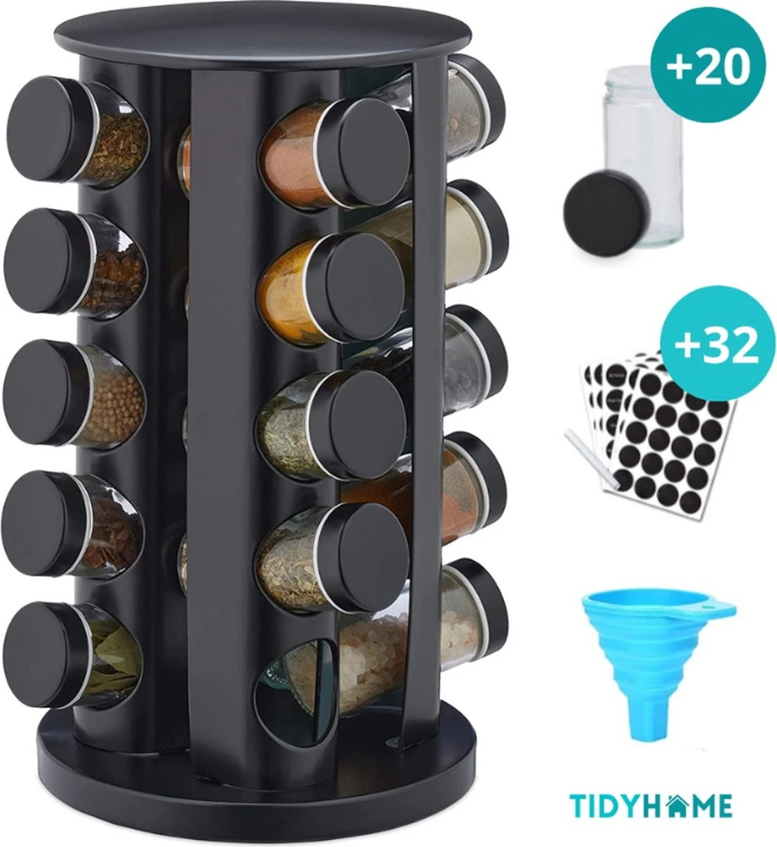 TidyHome Kruidenrek Draaibaar - Kruidenpotjes - Kruiden Carrousel - 20 Kruidenpotjes - Zwart - RVS - Draaibaar - Aanrecht Organizer - Inclusief Labels, Pen En Trechter - Keuken Organizer 3 TidyHome Kruidenrek Draaibaar - Kruidenpotjes - Kruiden Carrousel - 20 Kruidenpotjes - Zwart - RVS - Draaibaar - Aanrecht Organizer - Inclusief Labels, Pen En Trechter - Keuken Organizer