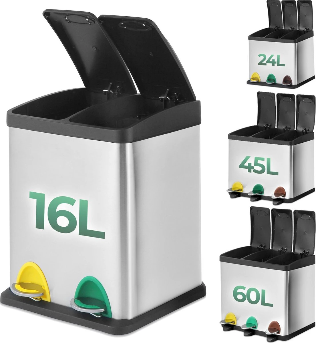 Jago - Vuilnisemmer 16 Liter Met 2 Vakken Van 8 Liter Met Binnenemmers - Prullenbak Voor Afvalscheiding - Pedaalemmer - Prullenbak - RVS 3 Jago - Vuilnisemmer 16 Liter Met 2 Vakken Van 8 Liter Met Binnenemmers - Prullenbak Voor Afvalscheiding - Pedaalemmer - Prullenbak - RVS