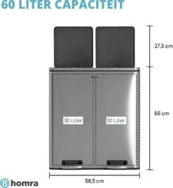Afvalscheidingsprullenbak 2 Vakken – 60 L (2x30 Liter) Pedaalemmer Homra QUICKX – Design Duo Afvalemmer RVS - Afval Scheiden - Recycle Afvalbak - Hygiënisch Pedaal - Dubbele Vuilnisbak - Keuken Vuilbak - Kantoor Prullenbak -Mepal shop 1105x1200 3