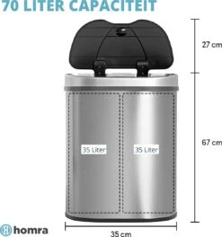 Afvalscheiding Sensor Prullenbak RVS 70 Liter - 2 Vakken - 2x35L - Zilver - Recycle Afvalemmer Homra QUBIX - Automatische Softclose Deksel - Hygiënische Design Vuilnisbak - Sensorbediening - Vingerafdrukvrij - Vuilafstotend - Keuken & Kantoor Vuilbak -Mepal shop 1123x1200 6