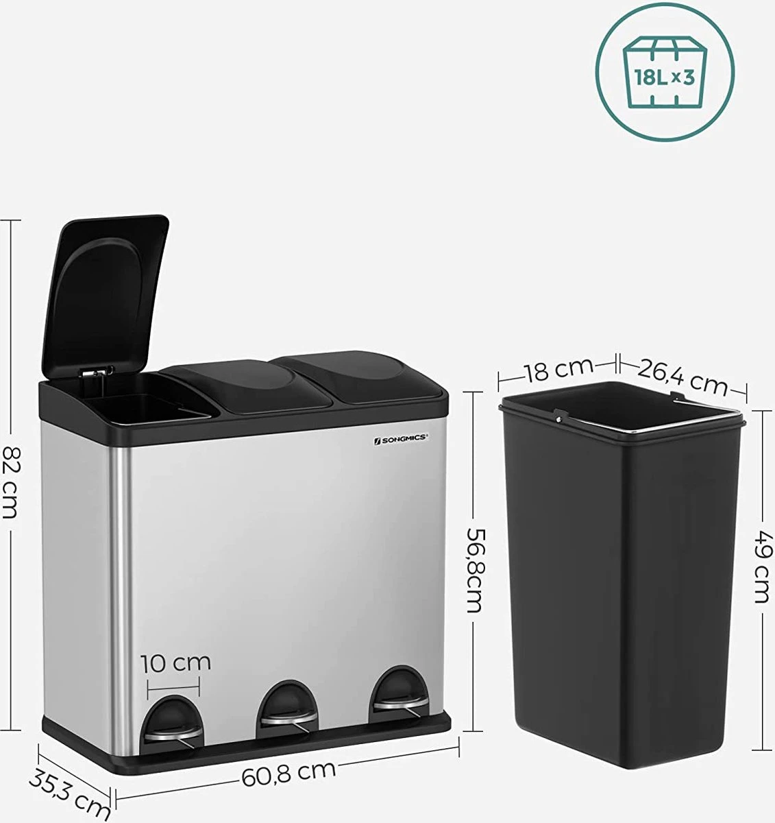 MIRA Home - Afvalemmer – Prullenbak – RVS – Zilver - 60.5x34x56.5 4 MIRA Home - Afvalemmer – Prullenbak – RVS – Zilver - 60.5x34x56.5 - Afbeelding 2