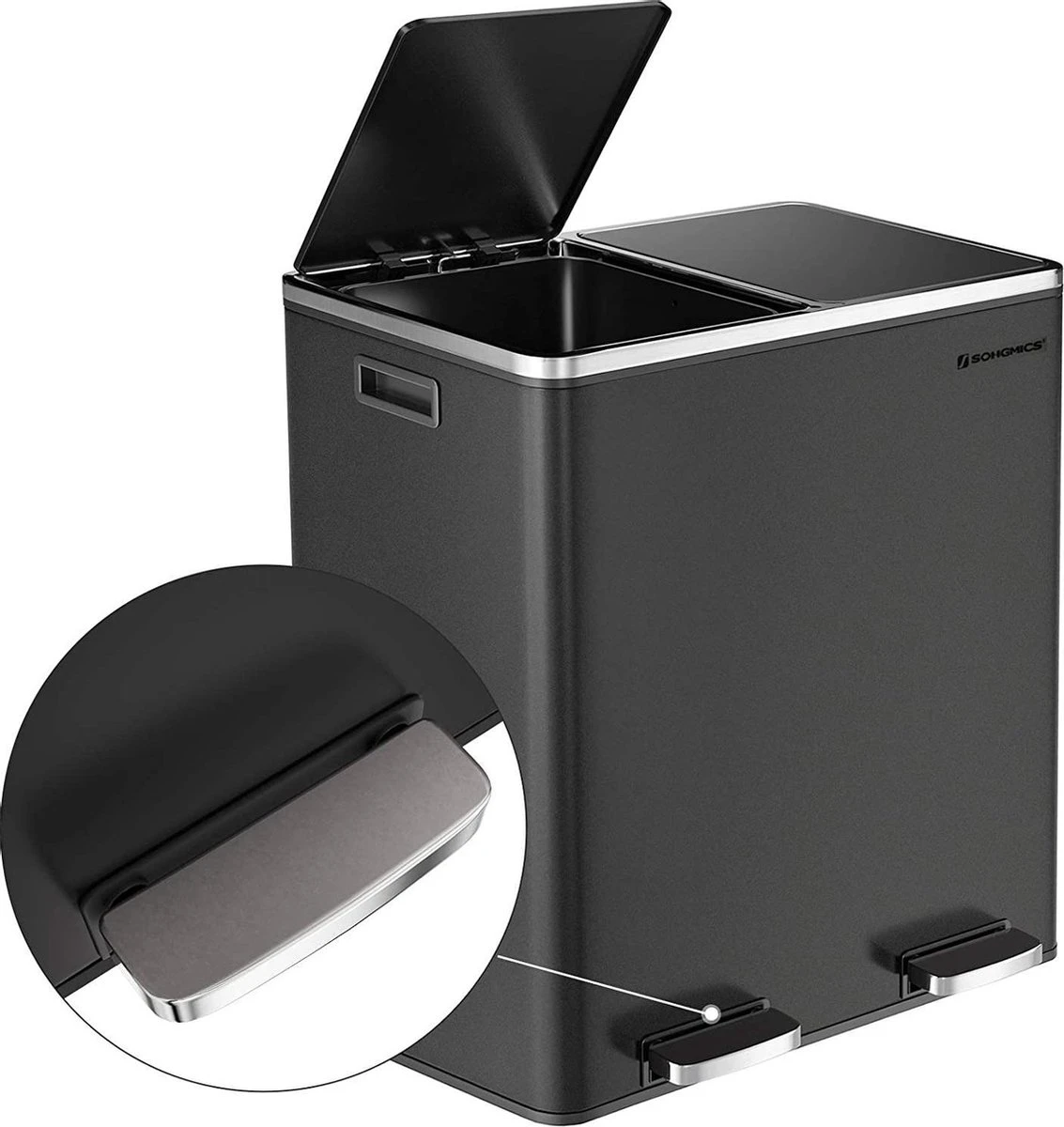 SONGMICS Dubbele Rubbish Bin, 2 X 30L Vuilnisbak, Metalen Trappenbak, Met Dubbele Vakken, Kunststof Binnenemmers En Scharnierende Deksels, Handgrepen, Zachte Sluiting, Luchtdicht, Zwart 6 SONGMICS Dubbele Rubbish Bin, 2 X 30L Vuilnisbak, Metalen Trappenbak, Met Dubbele Vakken, Kunststof Binnenemmers En Scharnierende Deksels, Handgrepen, Zachte Sluiting, Luchtdicht, Zwart - Afbeelding 4