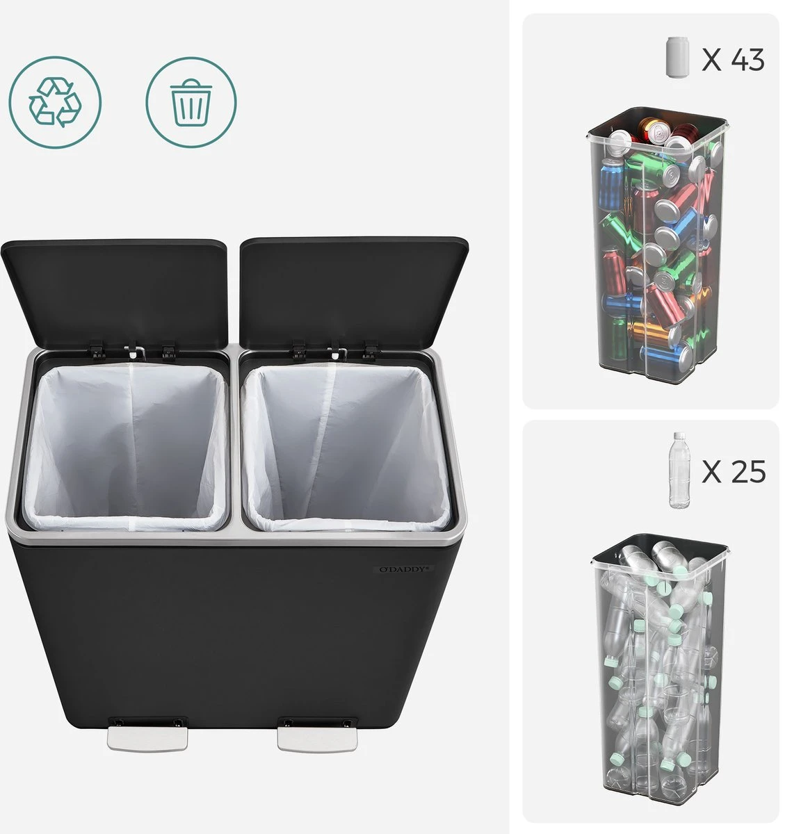 O'DADDY® Prullenbak Afvalscheiding - Vuilnisbak 60L (2x 30L) - Pedaalemmer - 59 X 65 X 32 Cm - Zwart 9 O'DADDY® Prullenbak Afvalscheiding - Vuilnisbak 60L (2x 30L) - Pedaalemmer - 59 X 65 X 32 Cm - Zwart - Afbeelding 7