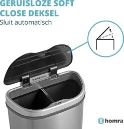 Afvalscheiding Sensor Prullenbak RVS 70 Liter - 2 Vakken - 2x35L - Zilver - Recycle Afvalemmer Homra QUBIX - Automatische Softclose Deksel - Hygiënische Design Vuilnisbak - Sensorbediening - Vingerafdrukvrij - Vuilafstotend - Keuken & Kantoor Vuilbak -Mepal shop 1159x1200 3