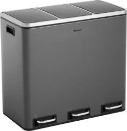 Homra SPARQ Afvalscheiding Prullenbak 3 Vakken - 3 X 18 L Inhoud - 54 Liter - Grijs - RVS - Trio Pedaalemmer - 3-vaks Recycle Afvalemmer - Hygiënisch Afval Scheiden - Grijze Keuken Vuilbak - Kantoor Prullenbak - Pedaal - Afvalscheidingsprullenbak