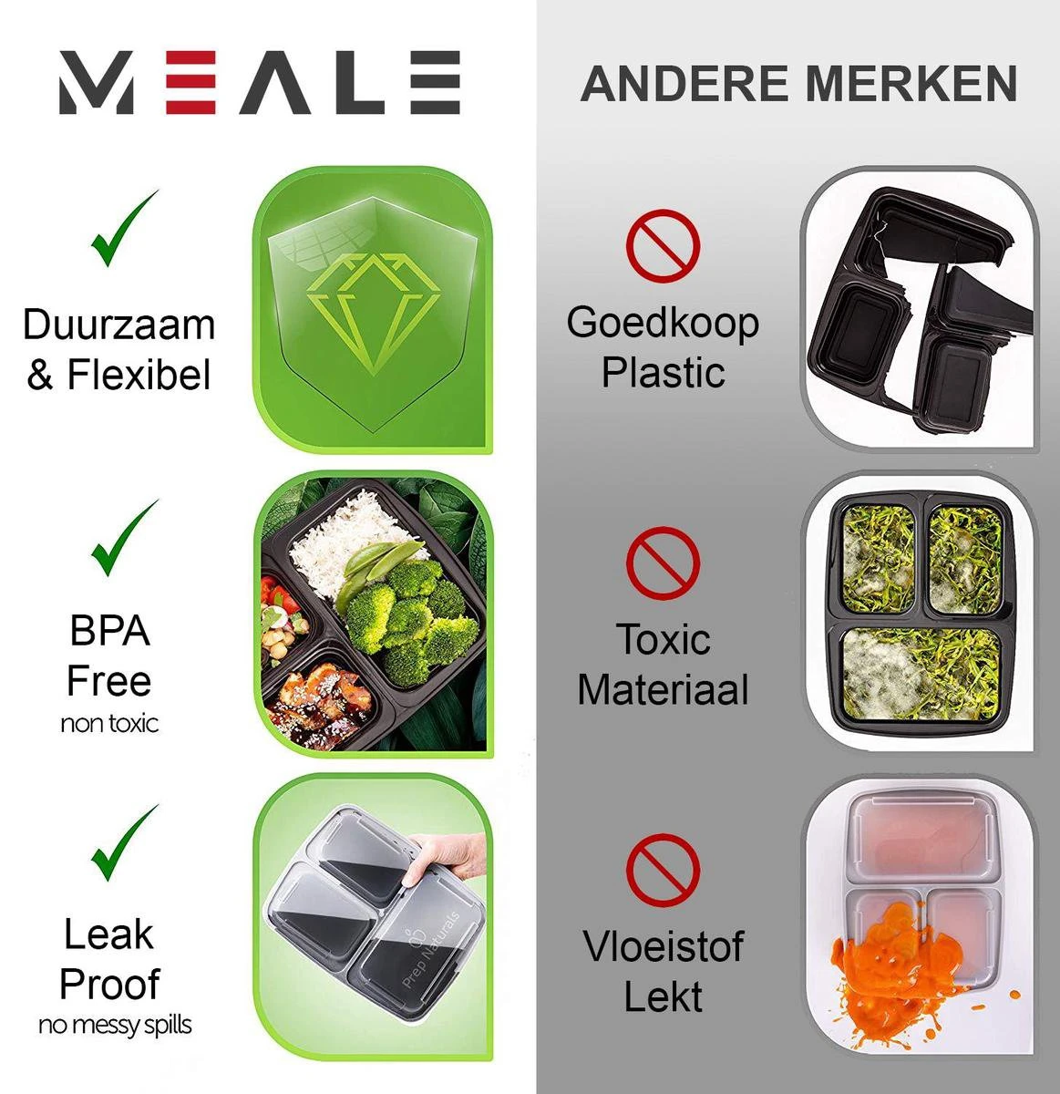 MEALE® - Meal Prep Bakjes 14 Stuks + Bestekhouder - 3 Vakken - BPA Vrij - Vershoud Lunchbox - Food Prep Containers - Maaltijdbakjes 7 MEALE® - Meal Prep Bakjes 14 Stuks + Bestekhouder - 3 Vakken - BPA Vrij - Vershoud Lunchbox - Food Prep Containers - Maaltijdbakjes - Afbeelding 5