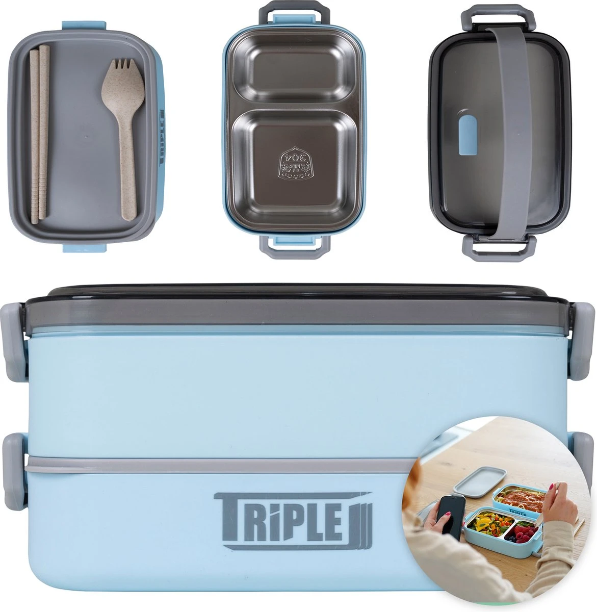 Triple J® Lunchbox - Broodtrommel - Lucht- & Lekvrij - Incl. Bestek - Magnetron & Vaatwasser Bestendig 3 Triple J® Lunchbox - Broodtrommel - Lucht- & Lekvrij - Incl. Bestek - Magnetron & Vaatwasser Bestendig