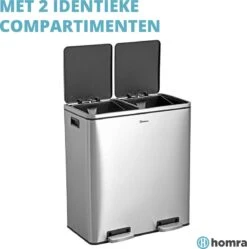 Afvalscheidingsprullenbak 2 Vakken – 60 L (2x30 Liter) Pedaalemmer Homra QUICKX – Design Duo Afvalemmer RVS - Afval Scheiden - Recycle Afvalbak - Hygiënisch Pedaal - Dubbele Vuilnisbak - Keuken Vuilbak - Kantoor Prullenbak -Mepal shop 1191x1200 3