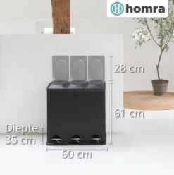 Homra MAXER Pedaalemmer – Prullenbak 3 Vakken – Afvalemmer 60 Liter (3x 20L) – Trio Prullenbak – Zwart - 3-vaks Prullenbak Afvalscheiding – Afvalbak RVS – Hygiënisch Recyclen - Afval Scheiden - Pedaal Prullenbak -Mepal shop 1193x1200 3