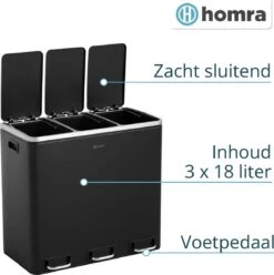 Homra SPARQ Afvalscheiding Prullenbak 3 Vakken - 3 X 18 L Inhoud - 54 Liter - Zwart - RVS - Trio Pedaalemmer - 3-vaks Recycle Afvalemmer - Hygiënisch Afval Scheiden - Zwarte Keuken Vuilbak - Kantoor Prullenbak - Pedaal - Afvalscheidingsprullenbak -Mepal shop 1196x1200 7