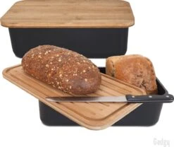 Gadgy Broodtrommel Met Bamboe Deksel – Brooddoos Met Snijplank - 36x19.5x11.5 Cm- Zwart
