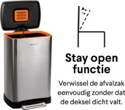 Pedaalemmer RVS 50 Liter - Prullenbak Met Pedaal Homra KONIQ - 50L Zilver - Automatische Lucht Filter - Odor Control Filter - Softclose Deksel - Design Afvalemmer - Duurzaam Vingerafdrukvrij En Vuilafstotend RVS - Keuken En Kantoor Vuilbak -Mepal shop 1200x1059