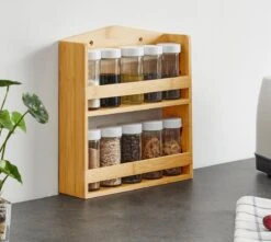 ACAZA Ophangbaar Kruidenrek Met 10 Glazen Kruidenpotjes, Spice Rack, Keuken Rek, Kruiden Organizer Voor Specerijen, Peper, Zout, 26 Cm Breed, Bamboe -Mepal shop 1200x1075 4