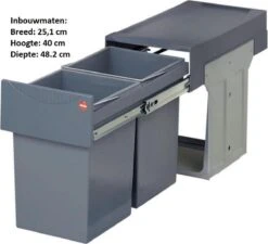 Hailo Tandem - Inbouw Prullenbak - 30 Liter Inhoud - Met 2 Compartimenten - Grijs
