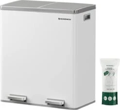 Songmics - Prullenbak - 60 Liter Inhoud (2x30) - Met 2 Gescheiden Bakken - RVS - Wit