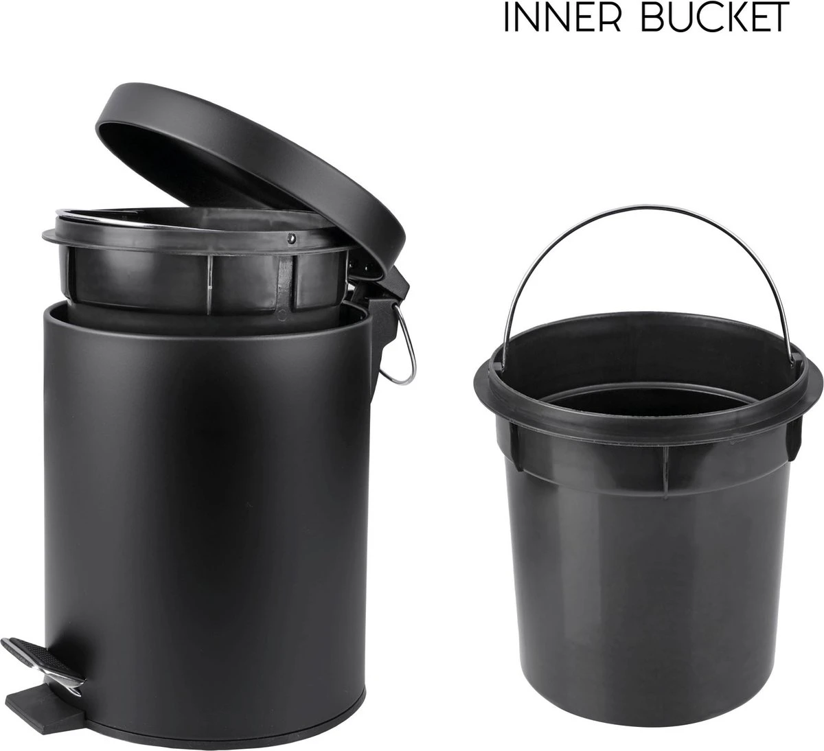 Differnz Pedaalemmer Mat Zwart – Prullenbak Badkamer – Afvalbakje – 5 Liter 7 Differnz Pedaalemmer Mat Zwart – Prullenbak Badkamer – Afvalbakje – 5 Liter - Afbeelding 5