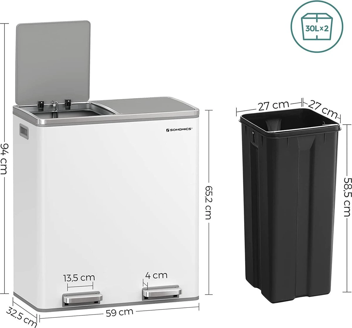 Songmics - Prullenbak - 60 Liter Inhoud (2x30) - Met 2 Gescheiden Bakken - RVS - Wit 4 Songmics - Prullenbak - 60 Liter Inhoud (2x30) - Met 2 Gescheiden Bakken - RVS - Wit - Afbeelding 2