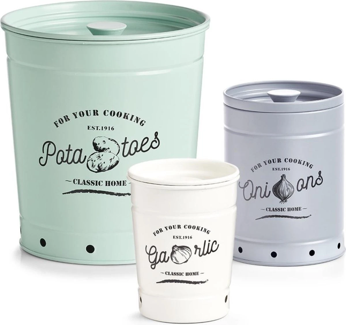 Voorraad/bewaar Emmers 3 Stuks Voor Knoflook, Ui En Aardappel 12/18/21 Cm In Set - Zeller - Keukenbenodigdheden - Keukendecoratie/accessoires - Voorraadblikken/emmers - Knoflook/ui/aardappel Emmers 3 Voorraad/bewaar Emmers 3 Stuks Voor Knoflook, Ui En Aardappel 12/18/21 Cm In Set - Zeller - Keukenbenodigdheden - Keukendecoratie/accessoires - Voorraadblikken/emmers - Knoflook/ui/aardappel Emmers