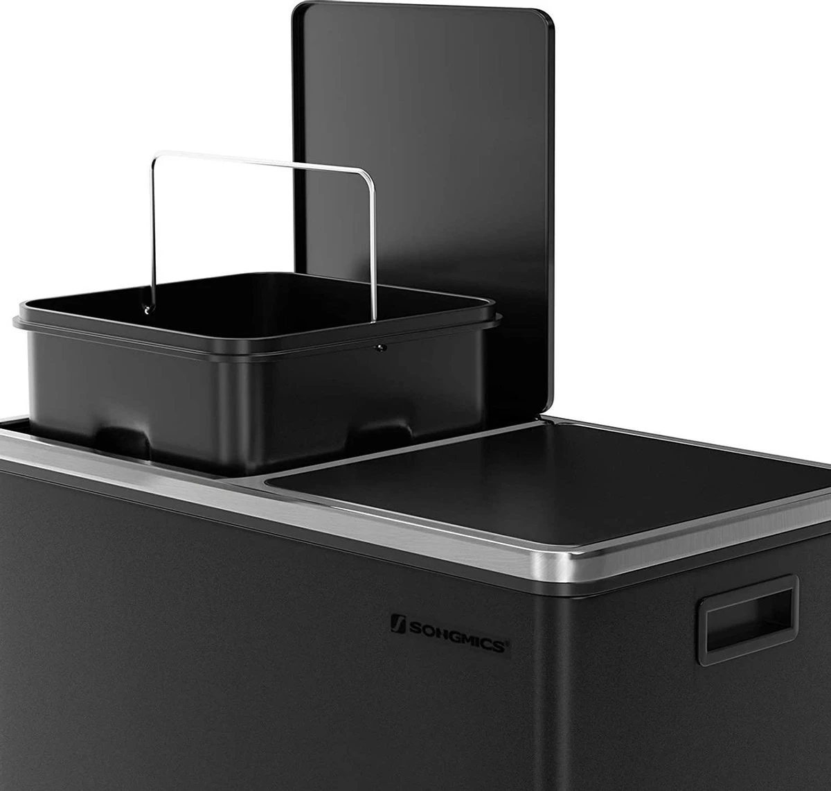 SONGMICS Dubbele Rubbish Bin, 2 X 30L Vuilnisbak, Metalen Trappenbak, Met Dubbele Vakken, Kunststof Binnenemmers En Scharnierende Deksels, Handgrepen, Zachte Sluiting, Luchtdicht, Zwart 7 SONGMICS Dubbele Rubbish Bin, 2 X 30L Vuilnisbak, Metalen Trappenbak, Met Dubbele Vakken, Kunststof Binnenemmers En Scharnierende Deksels, Handgrepen, Zachte Sluiting, Luchtdicht, Zwart - Afbeelding 5