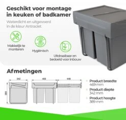 Eleganca Afvalbak 2x20 Liter – Inbouw Prullenbak – Inbouw Afvalemmer 40 Liter – Uittrekbare Vuilnisbak – Afvalemmer Keuken – Hygiënisch – Ruimtebesparend Vuilnisbak – Met 2 Compartimenten – Afvalscheiding Vuilbak – Antraciet – B34,2xD46.9xH38.9cm -Mepal shop 1200x1142 11
