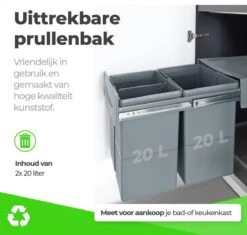 Eleganca Afvalbak 2x20 Liter – Inbouw Prullenbak – Inbouw Afvalemmer 40 Liter – Uittrekbare Vuilnisbak – Afvalemmer Keuken – Hygiënisch – Ruimtebesparend Vuilnisbak – Met 2 Compartimenten – Afvalscheiding Vuilbak – Antraciet – B34,2xD46.9xH38.9cm -Mepal shop 1200x1142 12