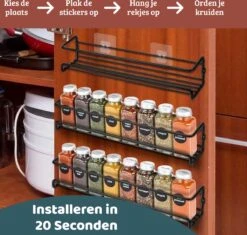 Mmoods Kruidenrek Ophangbaar Zonder Boren - 2 Laags Voor 16 Kruidenpotjes - Speciaal Voor Muur, Wandkast, Kastdeur - Hangende Kruidenorganizer Keuken - Keukenaccessoires -Mepal shop 1200x1142 15