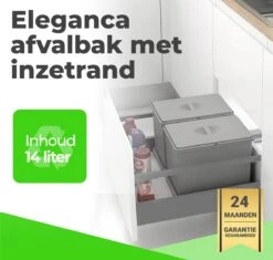 Eleganca Afvalbak 14 Liter - Vuilnisbak - Geschikt Voor Plaatsing In Een Keukenkast - Prullenbak Met Inzetrand - Afvalemmer Met Plateau - Opberg Emmer - Grijs - B21,9xD31xH24,8cm