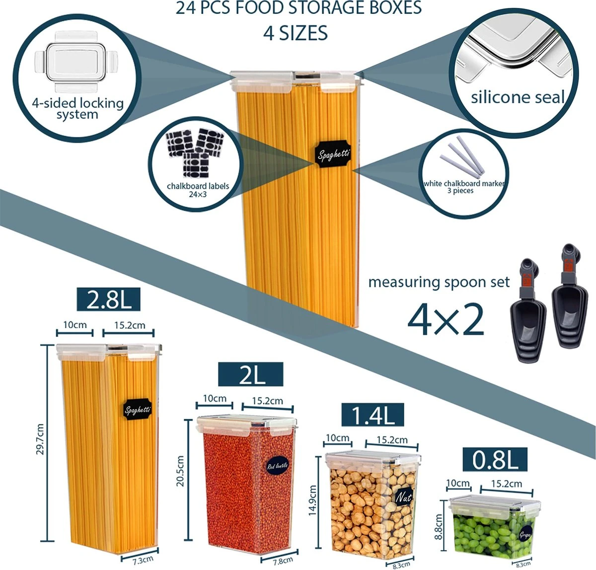 Empyrea Set Van 24 Luchtdichte Vershouddozen, Voorraad Bussen Opslag En Organisatie, Keuken En Voedselcontainer, Voorraadpotten Van Kunststof, BPA-vrij, 72 Etiketten, 3 Markers En 8 Lepels Meegeleverd | Keuken Organizer Voorraadcontainers 4 Empyrea Set Van 24 Luchtdichte Vershouddozen, Voorraad Bussen Opslag En Organisatie, Keuken En Voedselcontainer, Voorraadpotten Van Kunststof, BPA-vrij, 72 Etiketten, 3 Markers En 8 Lepels Meegeleverd | Keuken Organizer Voorraadcontainers - Afbeelding 2