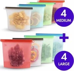 Siliconen Vershoudzakken - Set Van 8 ( 4x 1000ML + 4x 1500ML) -(Transparant, Rood, Groen, Blauw) - Duurzaam - Herbruikbaar - Vries & Hitte Bestendig - Meal Prep - Opbergzak Maatbeker Meal Prep Container
