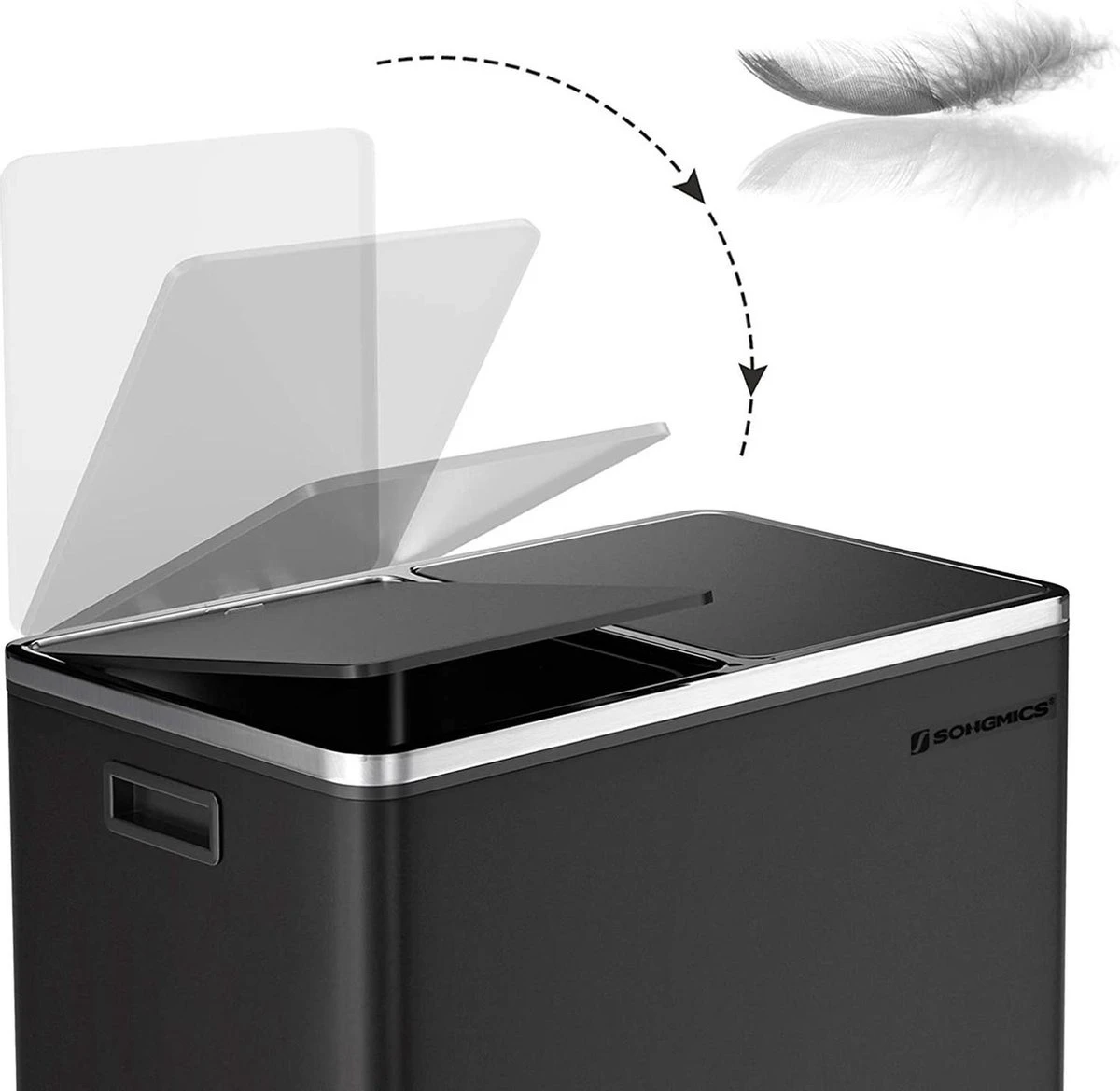 SONGMICS Dubbele Rubbish Bin, 2 X 30L Vuilnisbak, Metalen Trappenbak, Met Dubbele Vakken, Kunststof Binnenemmers En Scharnierende Deksels, Handgrepen, Zachte Sluiting, Luchtdicht, Zwart 8 SONGMICS Dubbele Rubbish Bin, 2 X 30L Vuilnisbak, Metalen Trappenbak, Met Dubbele Vakken, Kunststof Binnenemmers En Scharnierende Deksels, Handgrepen, Zachte Sluiting, Luchtdicht, Zwart - Afbeelding 6