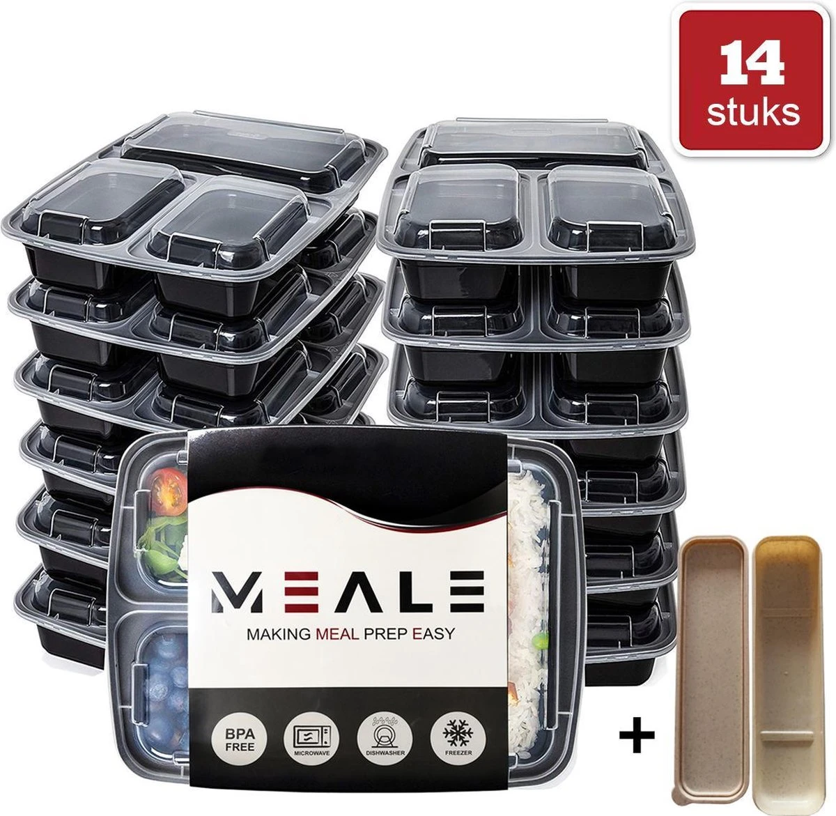 MEALE® - Meal Prep Bakjes 14 Stuks + Bestekhouder - 3 Vakken - BPA Vrij - Vershoud Lunchbox - Food Prep Containers - Maaltijdbakjes 3 MEALE® - Meal Prep Bakjes 14 Stuks + Bestekhouder - 3 Vakken - BPA Vrij - Vershoud Lunchbox - Food Prep Containers - Maaltijdbakjes