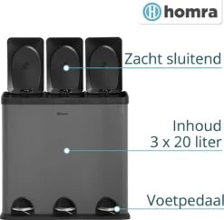 Homra MAXER Pedaalemmer – Prullenbak 3 Vakken – Grijze Afvalemmer 60 Liter (3x 20L) – Trio Prullenbak Grijs – RVS - 3-vaks Prullenbak Afvalscheiding – Afvalbak RVS – Hygiënisch Recyclen - Afval Scheiden - Pedaal Prullenbak Grijs -Mepal shop 1200x1176 2