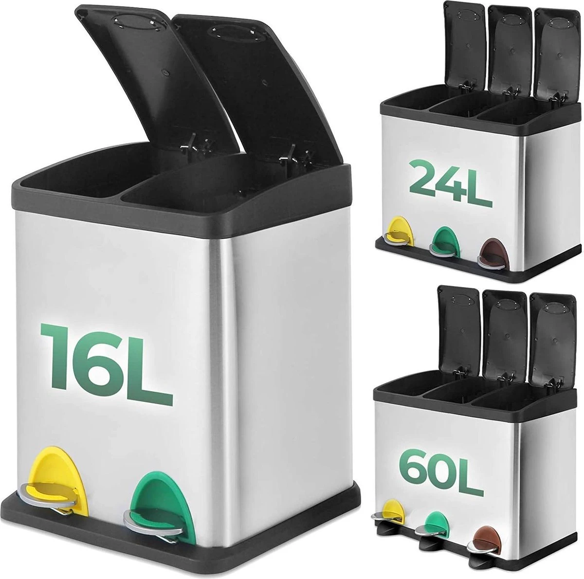 Jago - Vuilnisemmer 16 Liter Met 2 Vakken Van 8 Liter Met Binnenemmers - Prullenbak Voor Afvalscheiding - Pedaalemmer - Prullenbak - RVS 5 Jago - Vuilnisemmer 16 Liter Met 2 Vakken Van 8 Liter Met Binnenemmers - Prullenbak Voor Afvalscheiding - Pedaalemmer - Prullenbak - RVS - Afbeelding 3