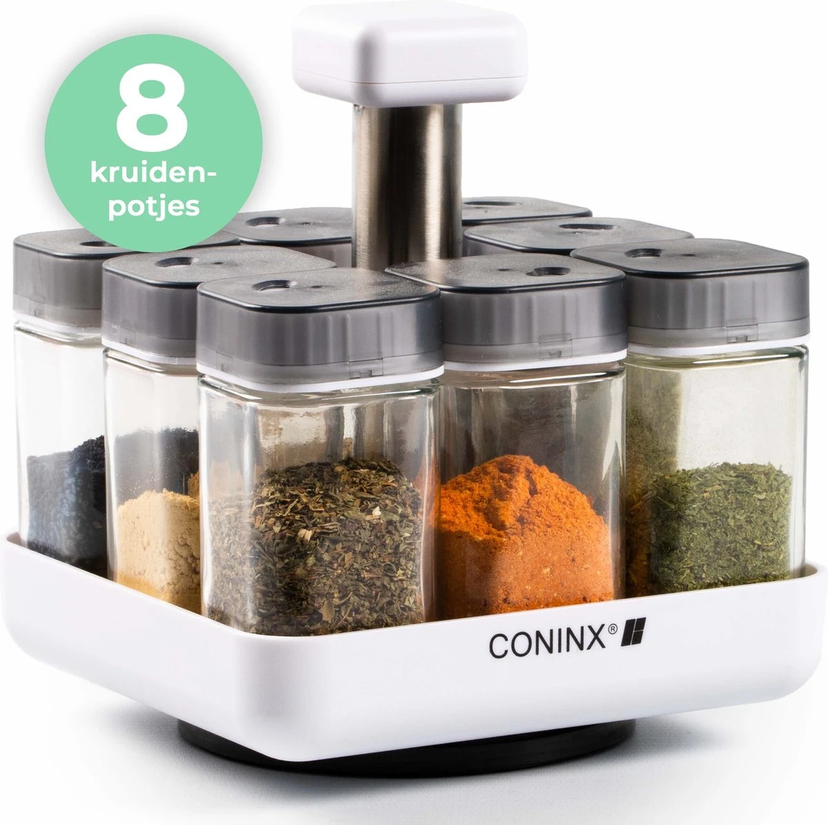 Coninx Kruidenrek Staand - Draaiend Kruidenrek Met Glazen Potjes - Kruidencarrousel Draaibaar - 8 Kruidenpotjes - Wit / RVS 3 Coninx Kruidenrek Staand - Draaiend Kruidenrek Met Glazen Potjes - Kruidencarrousel Draaibaar - 8 Kruidenpotjes - Wit / RVS