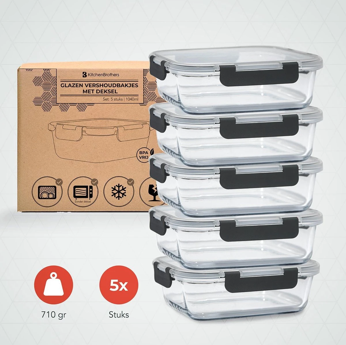 KitchenBrothers Meal Prep Bakjes - Set - Luchtdicht - BPA Vrij - 1L - Glas - 5 Stuks 8 KitchenBrothers Meal Prep Bakjes - Set - Luchtdicht - BPA Vrij - 1L - Glas - 5 Stuks - Afbeelding 6