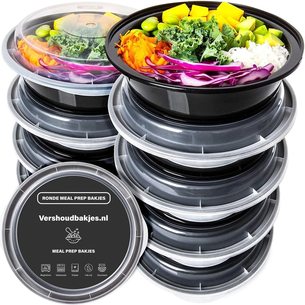 Ronde Meal Prep Bakjes - 10 Stuks - Herbruikbaar - Mealprep Containers Met Deksels - Lek Vrij - Saladebakjes - Vershoudbakje - BPA Vrij - Magnetronbakje - Diepvriesbakje - Koelkastbakje - Pokebowl - 850 ML - Zwart 3 Ronde Meal Prep Bakjes - 10 Stuks - Herbruikbaar - Mealprep Containers Met Deksels - Lek Vrij - Saladebakjes - Vershoudbakje - BPA Vrij - Magnetronbakje - Diepvriesbakje - Koelkastbakje - Pokebowl - 850 ML - Zwart