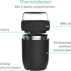 Coninx Thermos Lunchbox - Muesli Beker To Go - Isoleer Lunchpot - Yoghurtbeker To Go - Mueslibeker 840ml (600ml+240ml) - RVS / Zwart -Mepal shop 1200x1198 29