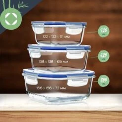 Klarstein Vierkante Glazen Box - Set Van 3 Vershoudbakjes : 800 Ml /620 Ml / 320 Ml - Met Deksel - Luchtdicht - Lekvrij -Mepal shop 1200x1200 1667