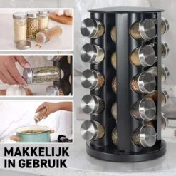 Merkloos Draaibaar Kruidenrek Met 20 Kruidenpotjes - Kruidenrek Staand - Aanrecht Organiser - Glazen Potjes Met Deksel - Inclusief 32 Etiketten En 1 Uitwisbare Stift - Ronde Afwerking - Zwart -Mepal shop 1200x1200 1837