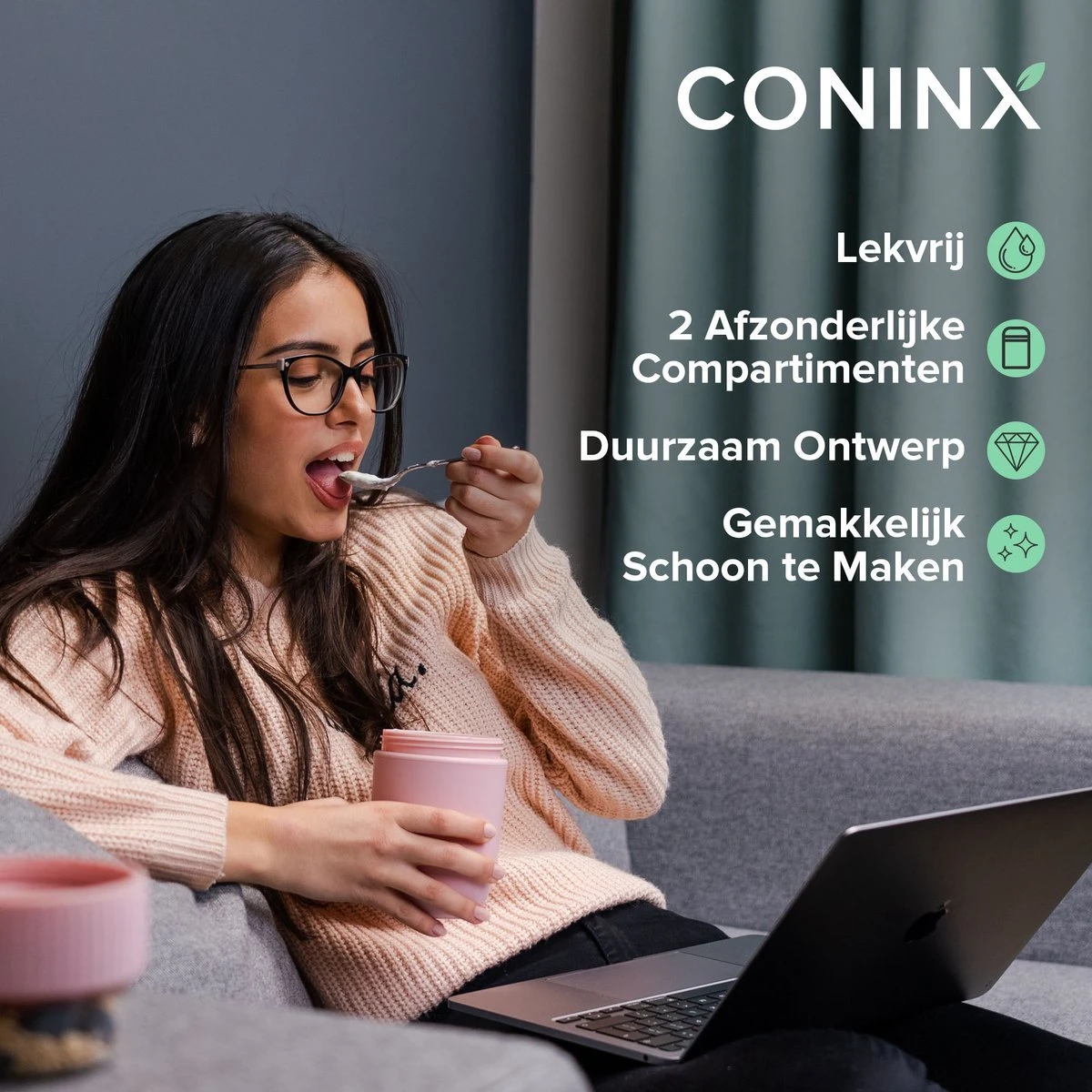 Coninx Yoghurtbeker To Go - Muesli Beker To Go - Lunchbeker - Mueslibeker 640ml (450ml+190ml) - Roze 6 Coninx Yoghurtbeker To Go - Muesli Beker To Go - Lunchbeker - Mueslibeker 640ml (450ml+190ml) - Roze - Afbeelding 4